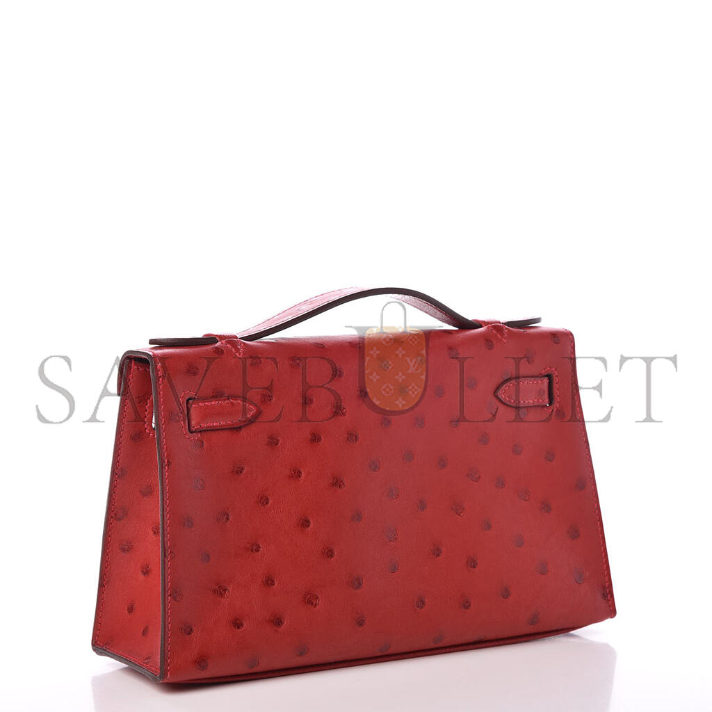 H**mes master kelly pochette bag rouge vif red ostrich clutch gold hardware (22*14*7cm)